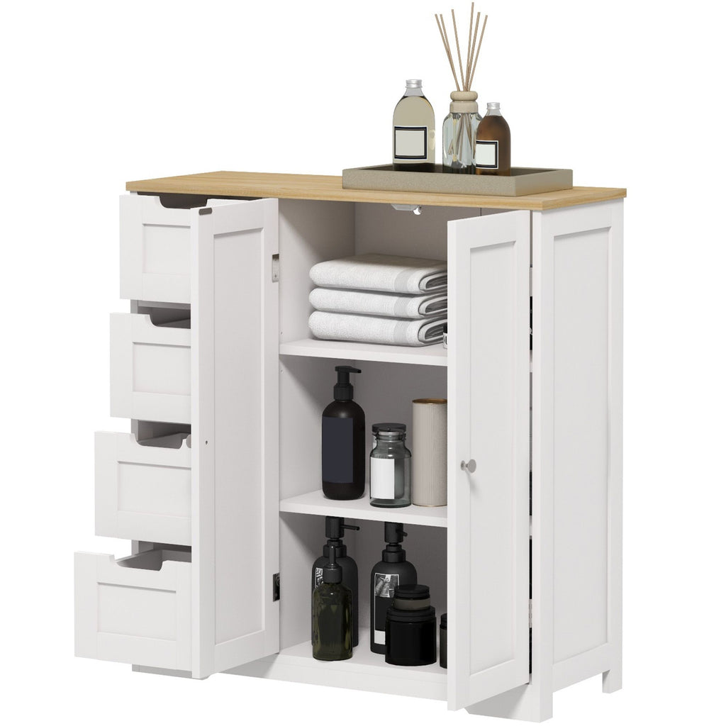 Freestanding Bathroom Floor Cabinet with Adjustable Shelf, 4 Drawers and 2 Doors, White
