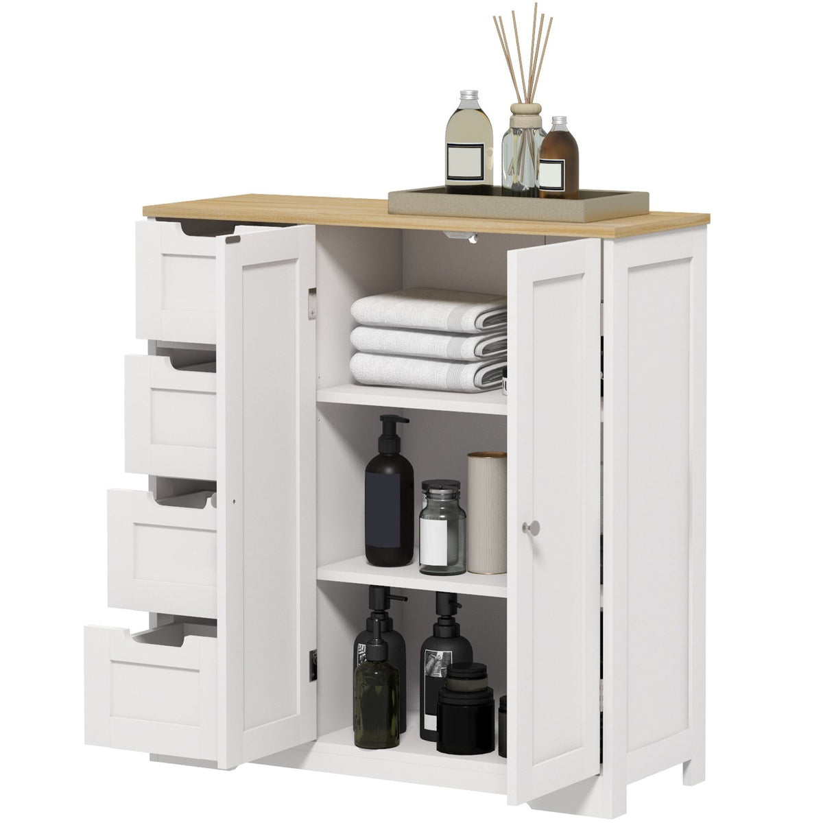 Freestanding Bathroom Floor Cabinet with Adjustable Shelf, 4 Drawers and 2 Doors, White