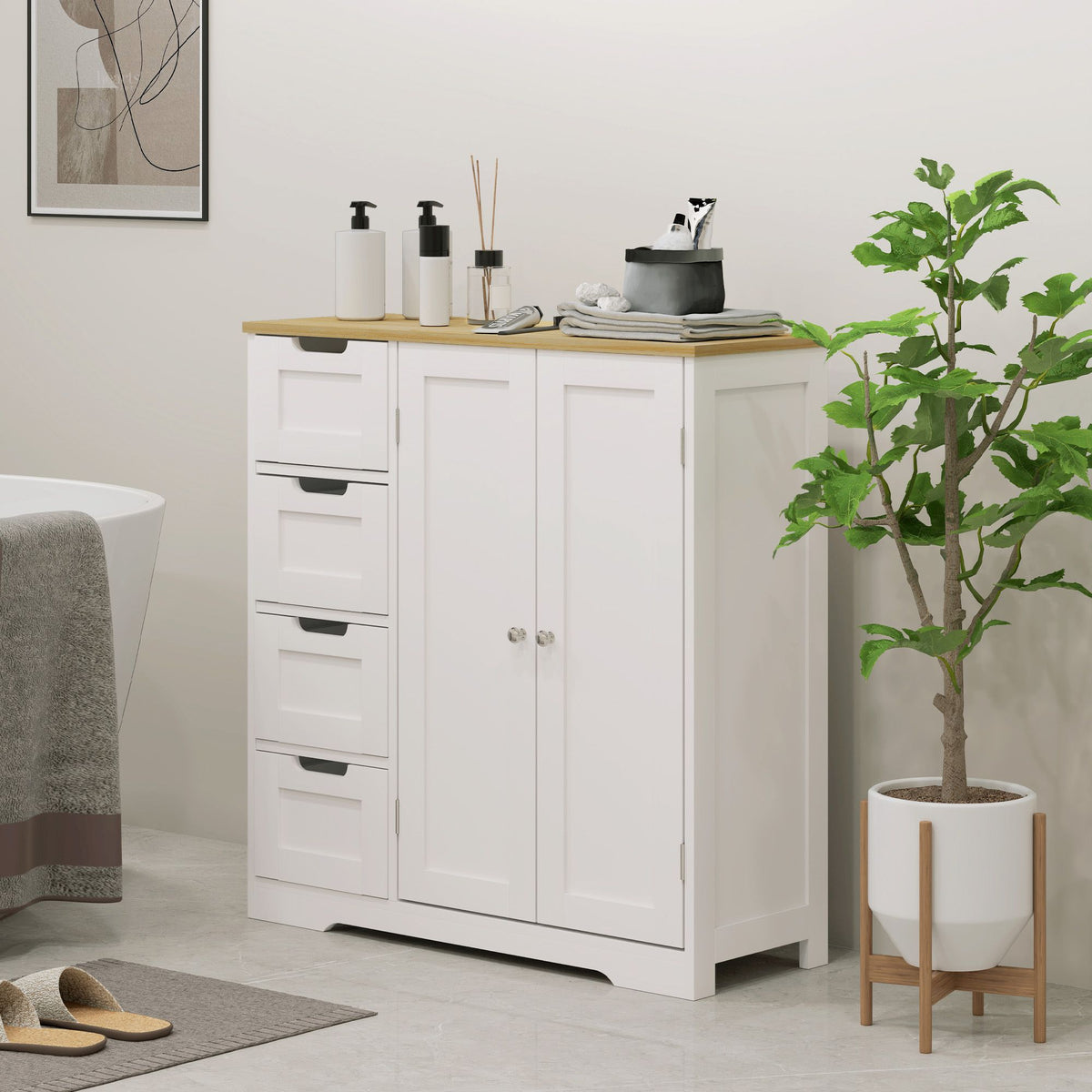 Freestanding Bathroom Floor Cabinet with Adjustable Shelf, 4 Drawers and 2 Doors, White