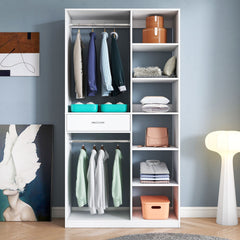 Freestanding Closet System with Shelves, Hanging Rods, and Drawer