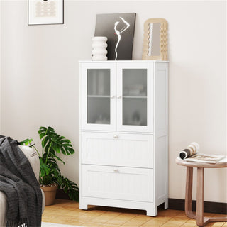Adjustable Shelf Floor Cabinet with 2 Drawers and Frosted Glass Doors