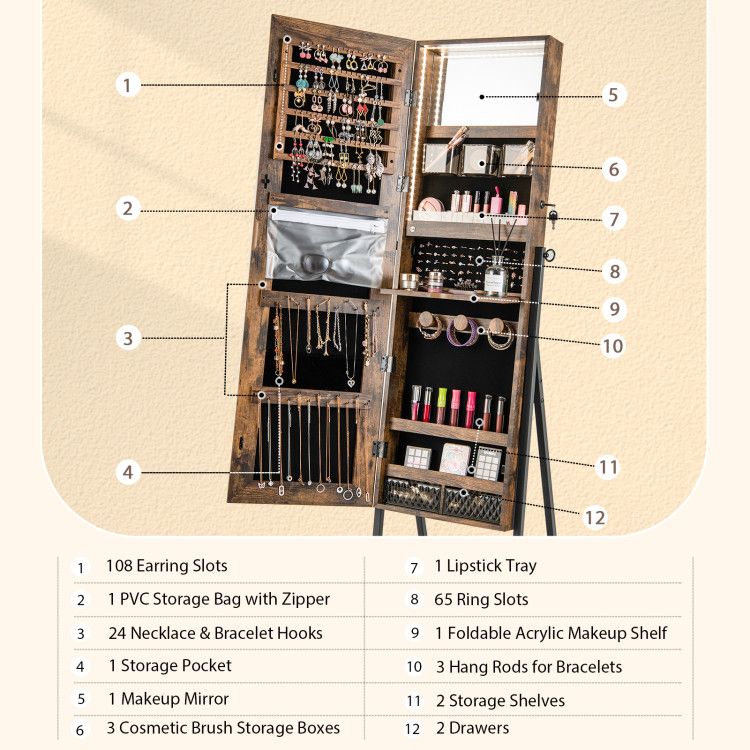 Full-Length Mirror Cabinet with Illuminated Jewelry Storage