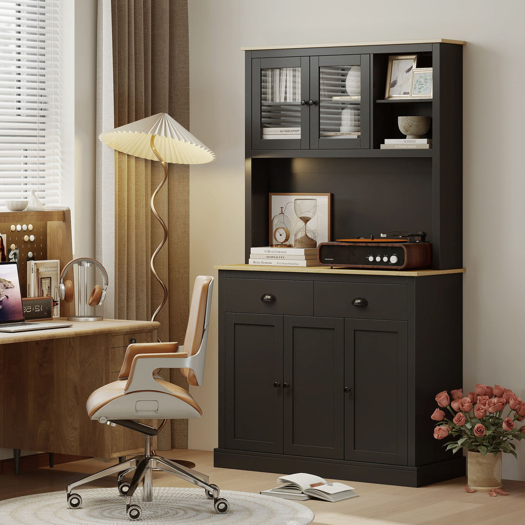 Freestanding Kitchen Cabinet, Tall Pantry Cabinet, Modern Hutch with Wide Countertop