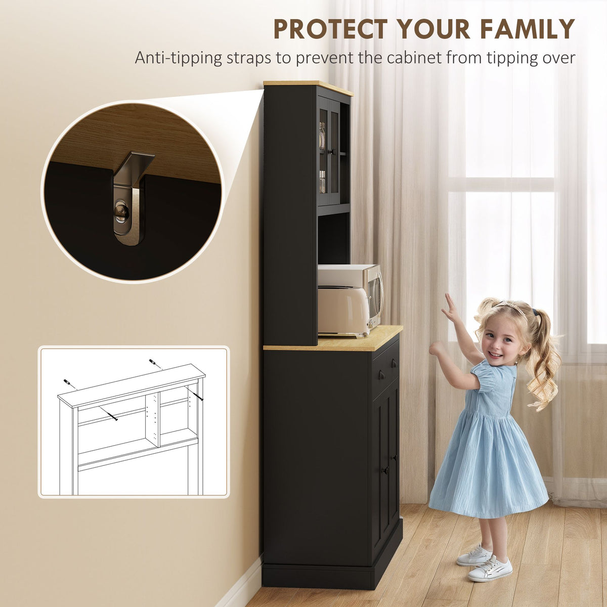 Freestanding Kitchen Cabinet, Tall Pantry Cabinet, Modern Hutch with Wide Countertop