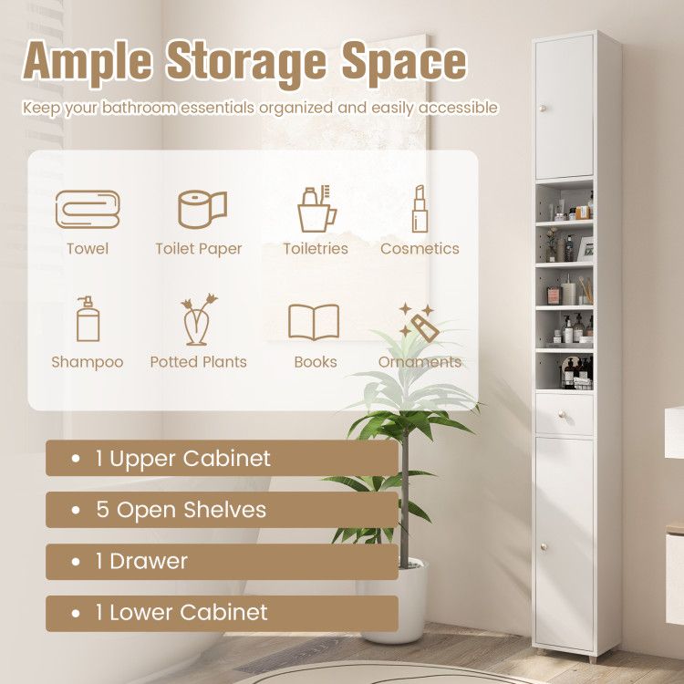 Slim Freestanding Bathroom Cabinet with Adjustable Shelves and Drawer