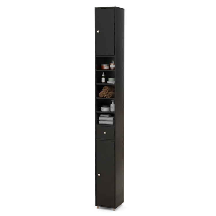 Slim Freestanding Bathroom Cabinet with Adjustable Shelves and Drawer - Black