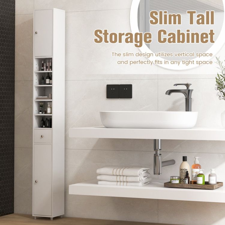 Slim Freestanding Bathroom Cabinet with Adjustable Shelves and Drawer