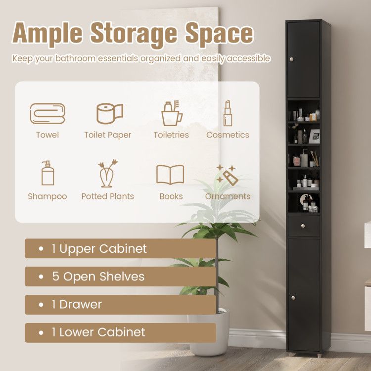 Slim Freestanding Bathroom Cabinet with Adjustable Shelves and Drawer