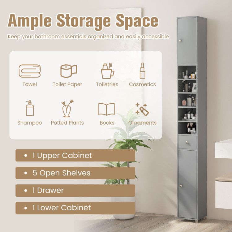 Slim Freestanding Bathroom Cabinet with Adjustable Shelves and Drawer