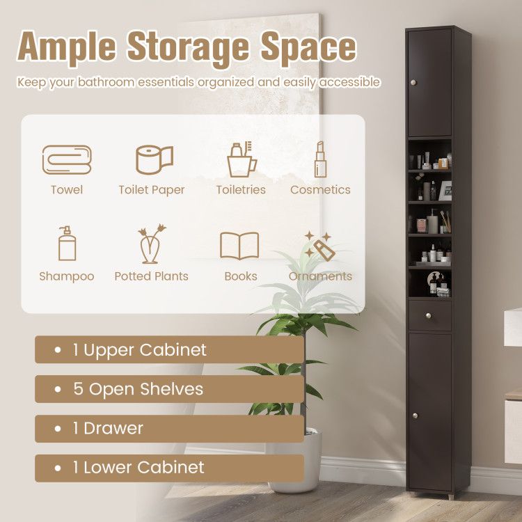 Slim Freestanding Bathroom Cabinet with Adjustable Shelves and Drawer