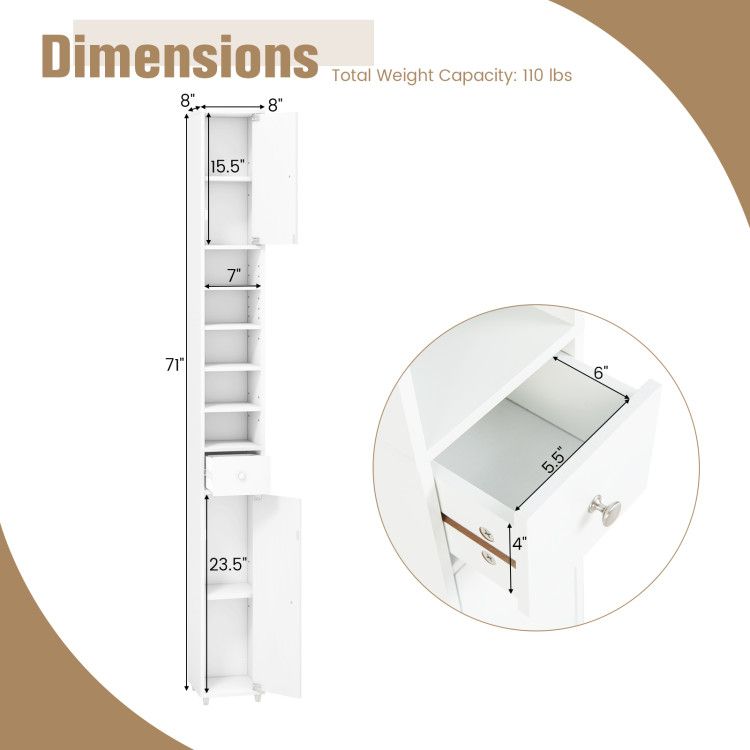 Slim Freestanding Bathroom Cabinet with Adjustable Shelves and Drawer