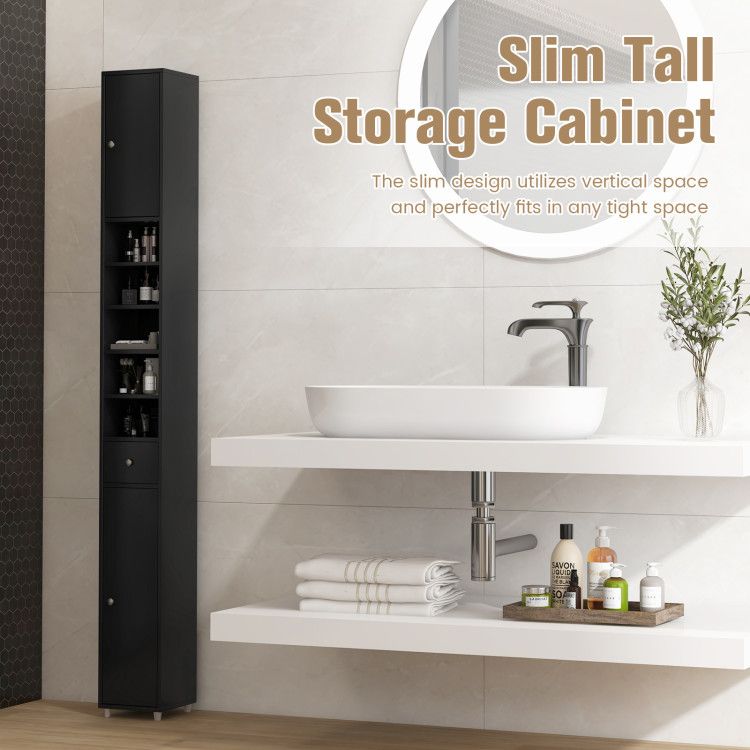 Slim Freestanding Bathroom Cabinet with Adjustable Shelves and Drawer