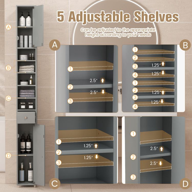 Slim Freestanding Bathroom Cabinet with Adjustable Shelves and Drawer