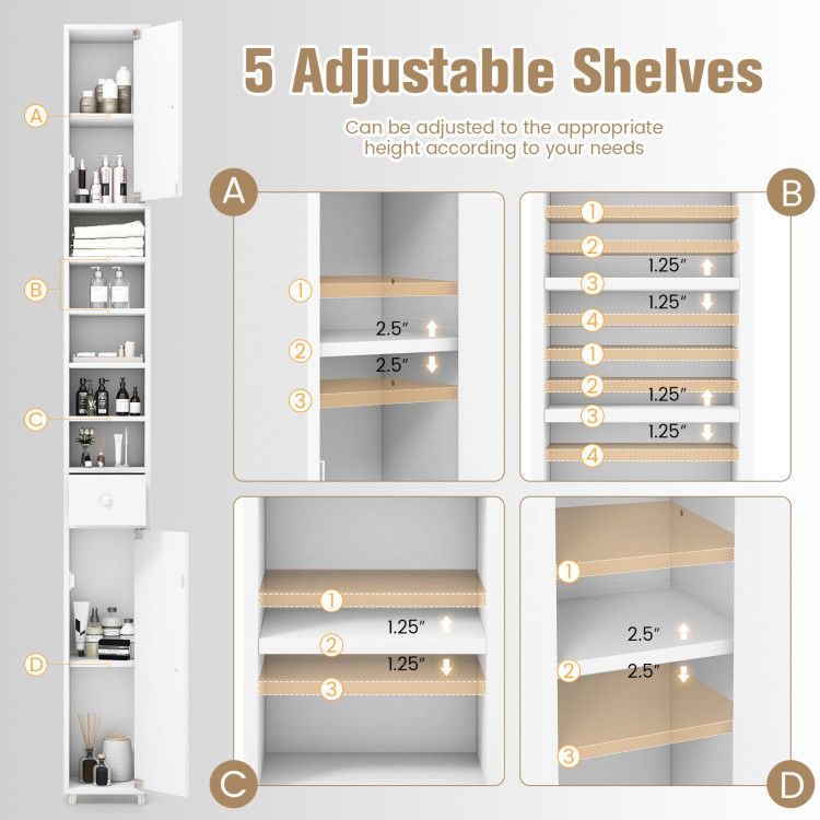 Slim Freestanding Bathroom Cabinet with Adjustable Shelves and Drawer