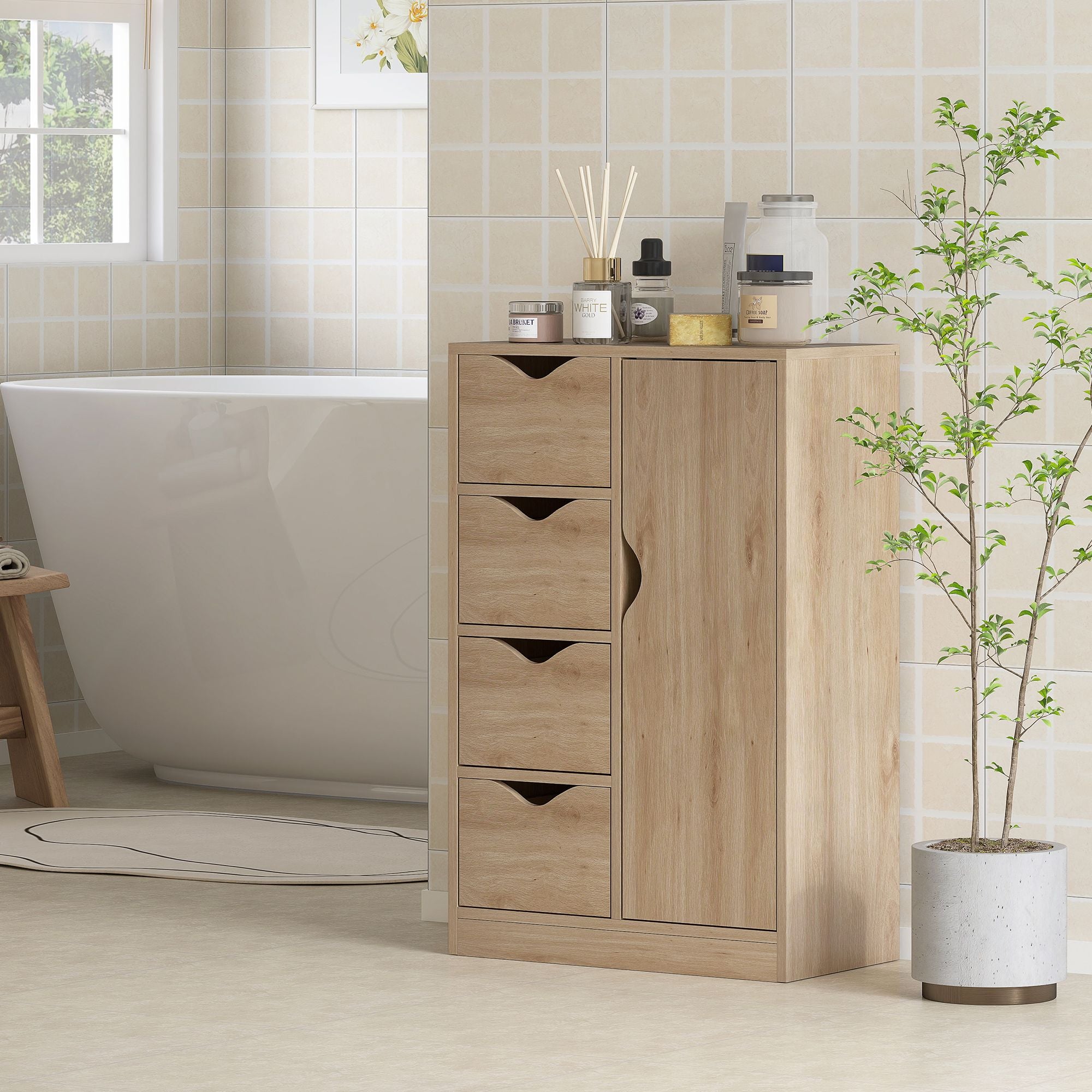 Freestanding Storage Cabinet Bathroom Floor Cabinet 4 Drawers Cupboard Oak for Bedroom