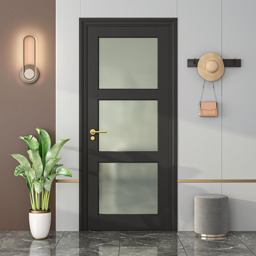 Solid Core French Interior Door with Frosted Glass - Pre-Finished MDF, Black Primed