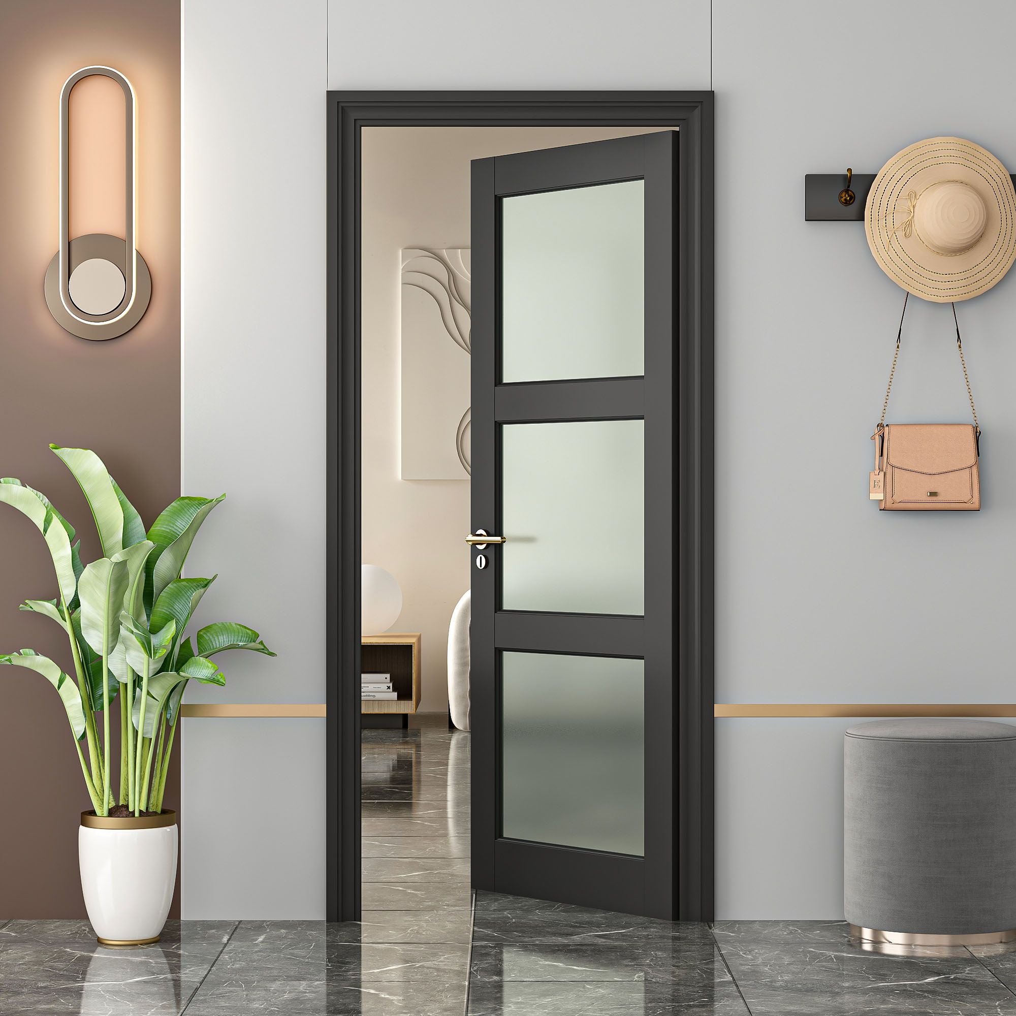 Solid Core French Interior Door with Frosted Glass - Pre-Finished MDF, Black Primed
