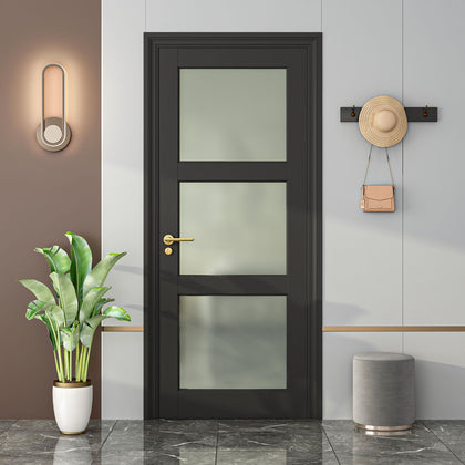 Solid Core French Interior Door with Frosted Glass - Pre-Finished MDF, Black Primed