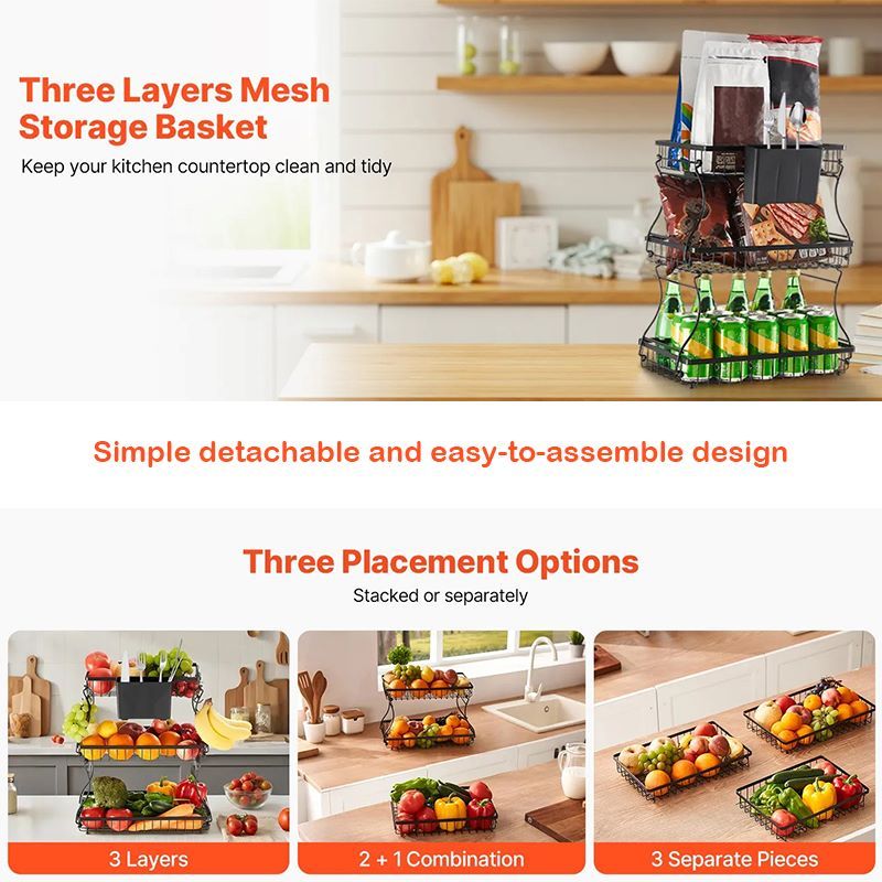 Multi-Tier Fruit Basket with Metal Frame for Kitchen Countertop