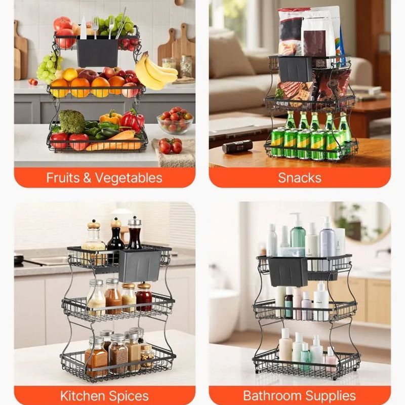 Multi-Tier Fruit Basket with Metal Frame for Kitchen Countertop