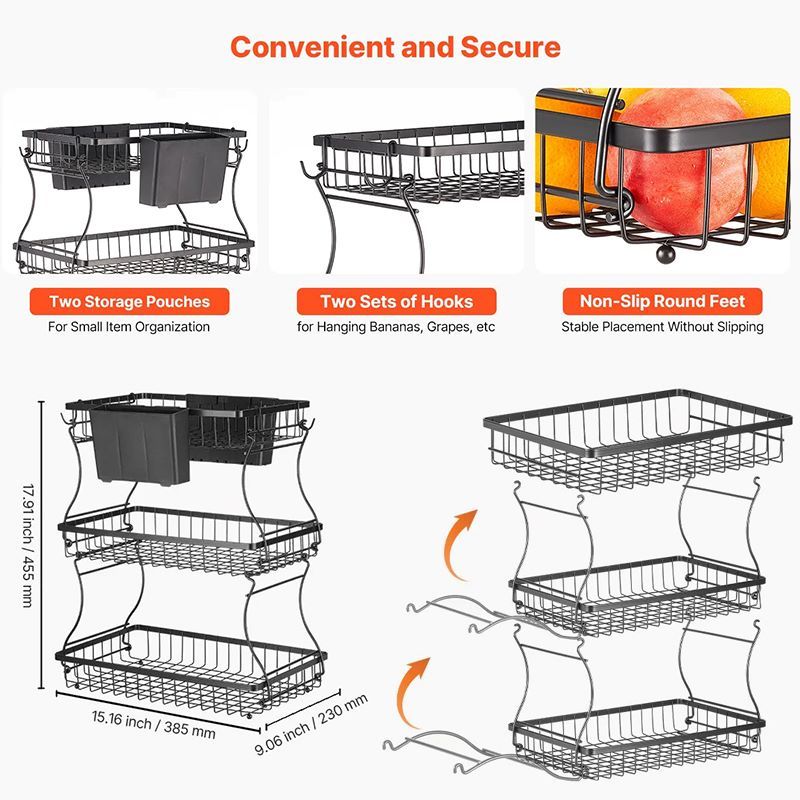 Multi-Tier Fruit Basket with Metal Frame for Kitchen Countertop