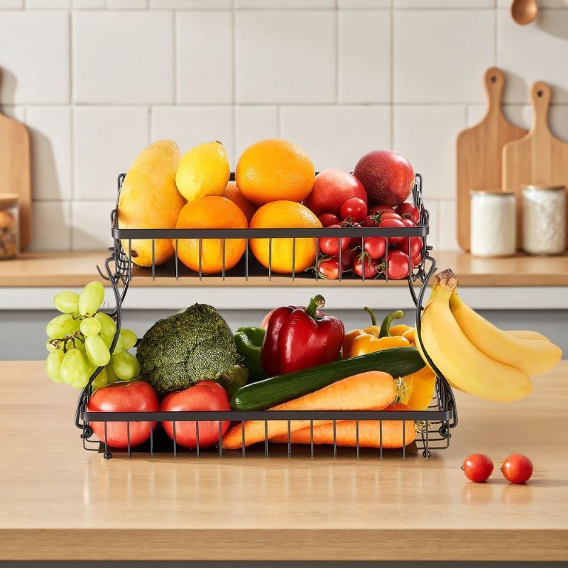 Multi-Tier Fruit Basket with Metal Frame for Kitchen Countertop