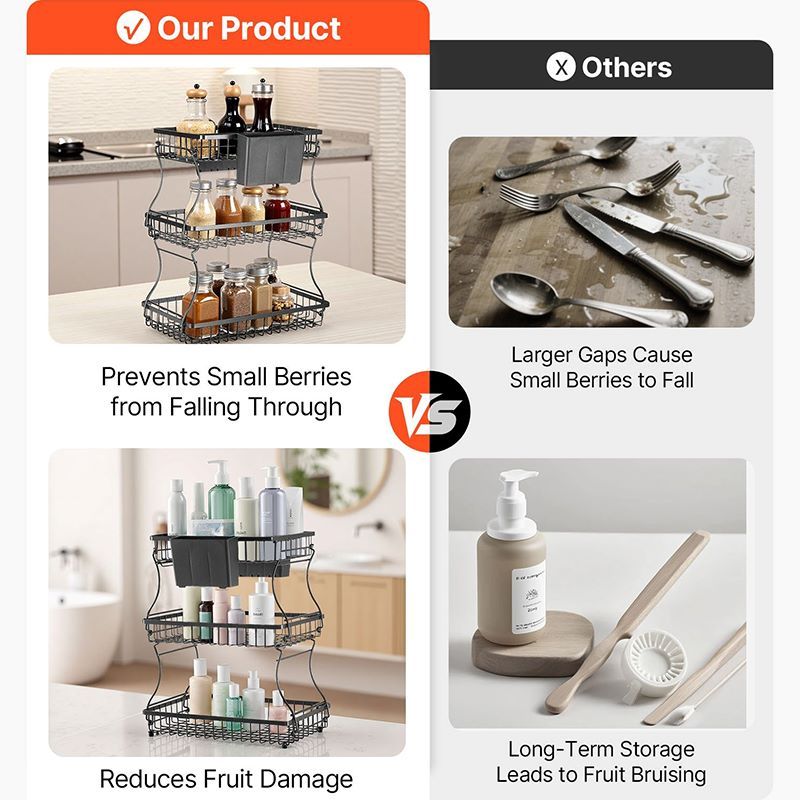 Multi-Tier Fruit Basket with Metal Frame for Kitchen Countertop