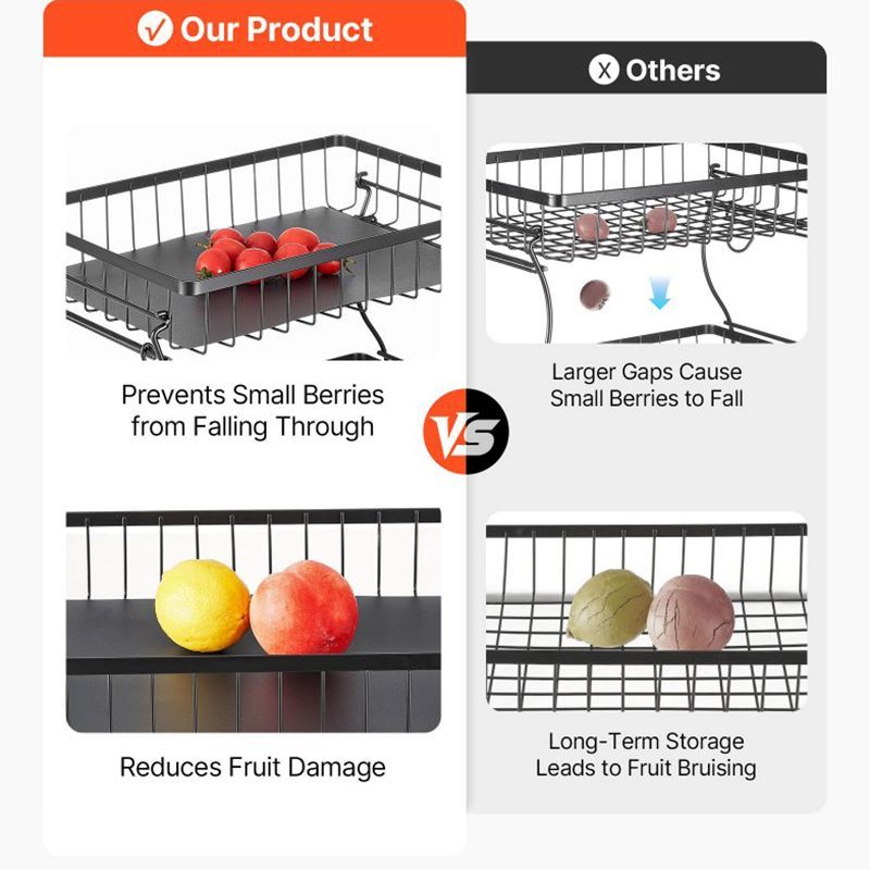 Multi-Tier Fruit Basket with Metal Frame for Kitchen Countertop