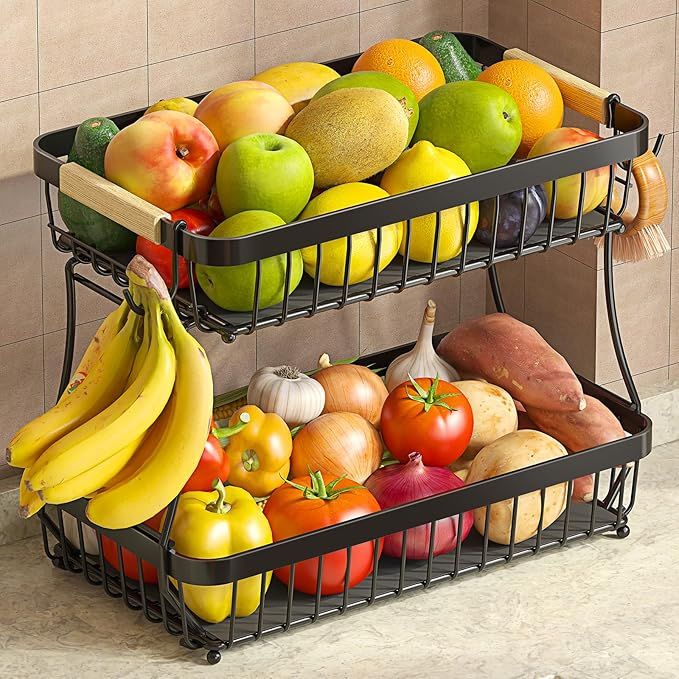 Fruit Basket with Banana Hanger for Kitchen Counter