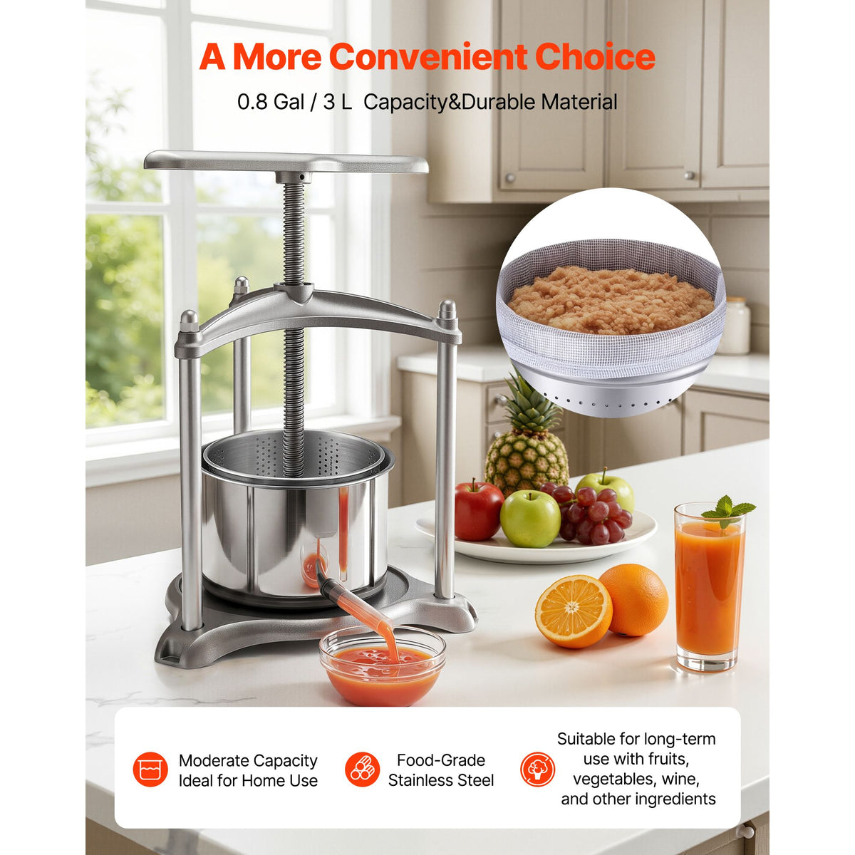 Fruit Wine Press, 0.8 Gallon/3L, Stainless Steel Manual Juice Maker with Powerful T-Shaped