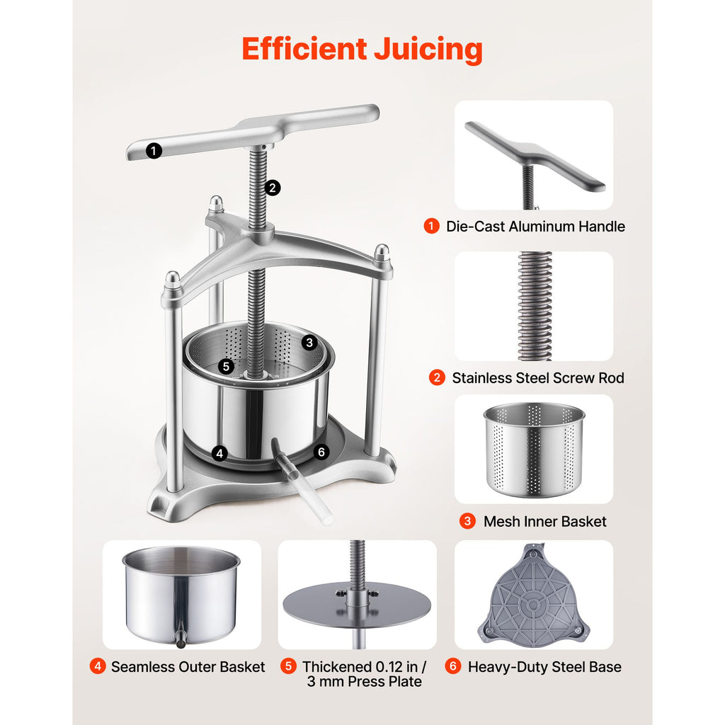 Fruit Wine Press, 0.8 Gallon/3L, Stainless Steel Manual Juice Maker with Powerful T-Shaped
