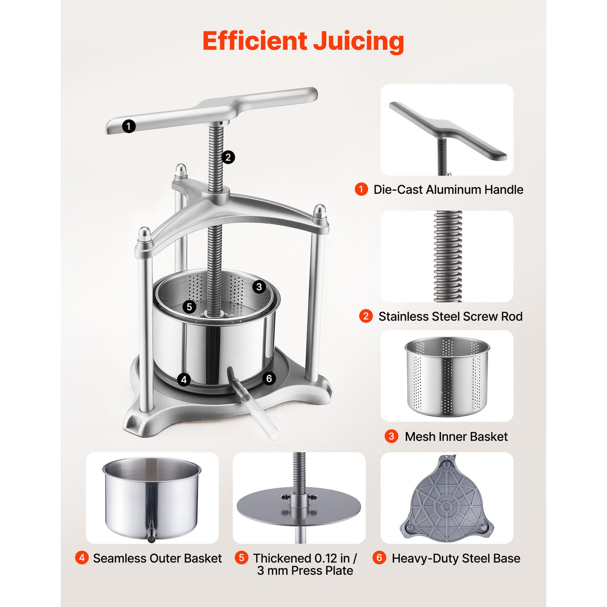 Fruit Wine Press, 0.8 Gallon/3L, Stainless Steel Manual Juice Maker with Powerful T-Shaped