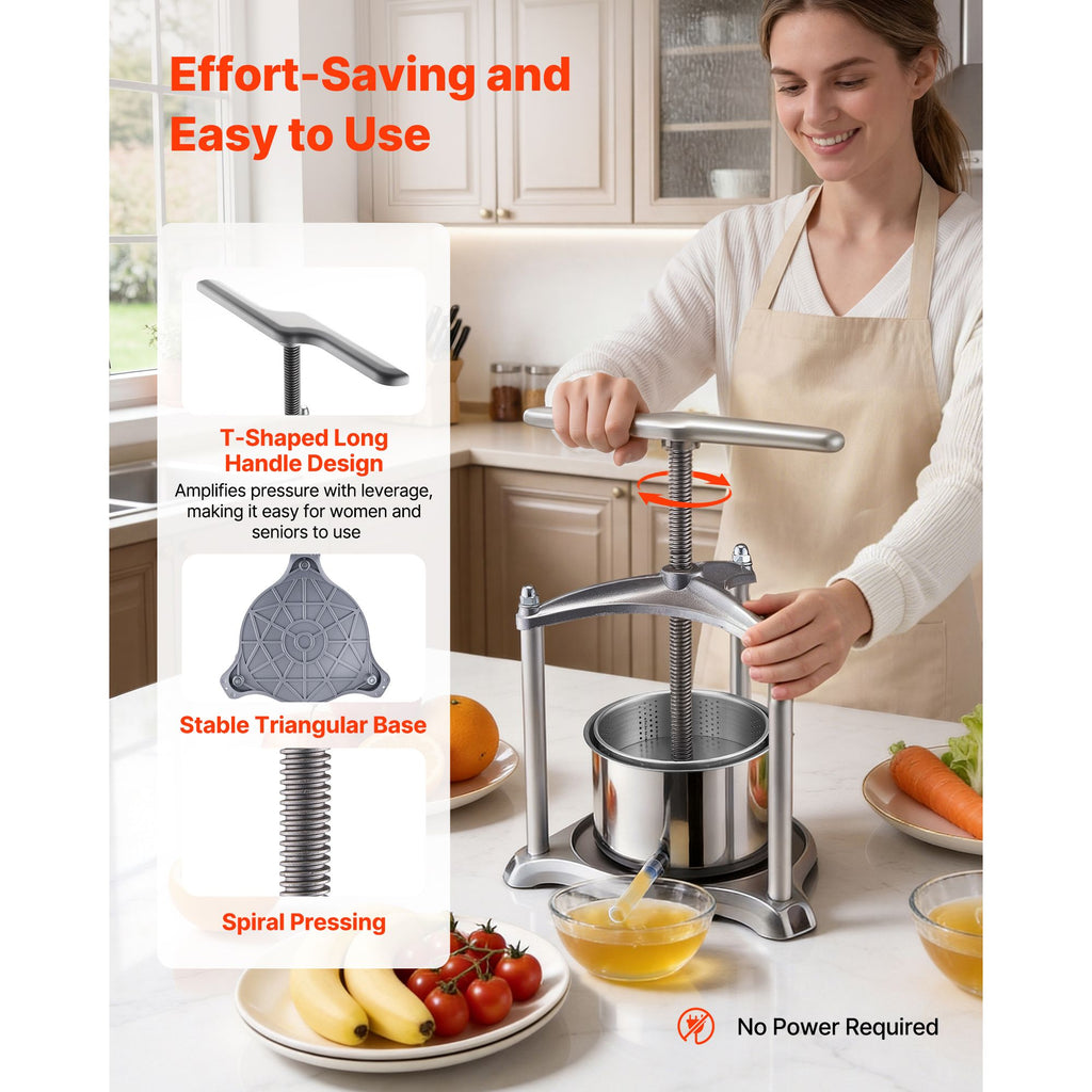 Fruit Wine Press, 0.8 Gallon/3L, Stainless Steel Manual Juice Maker with Powerful T-Shaped