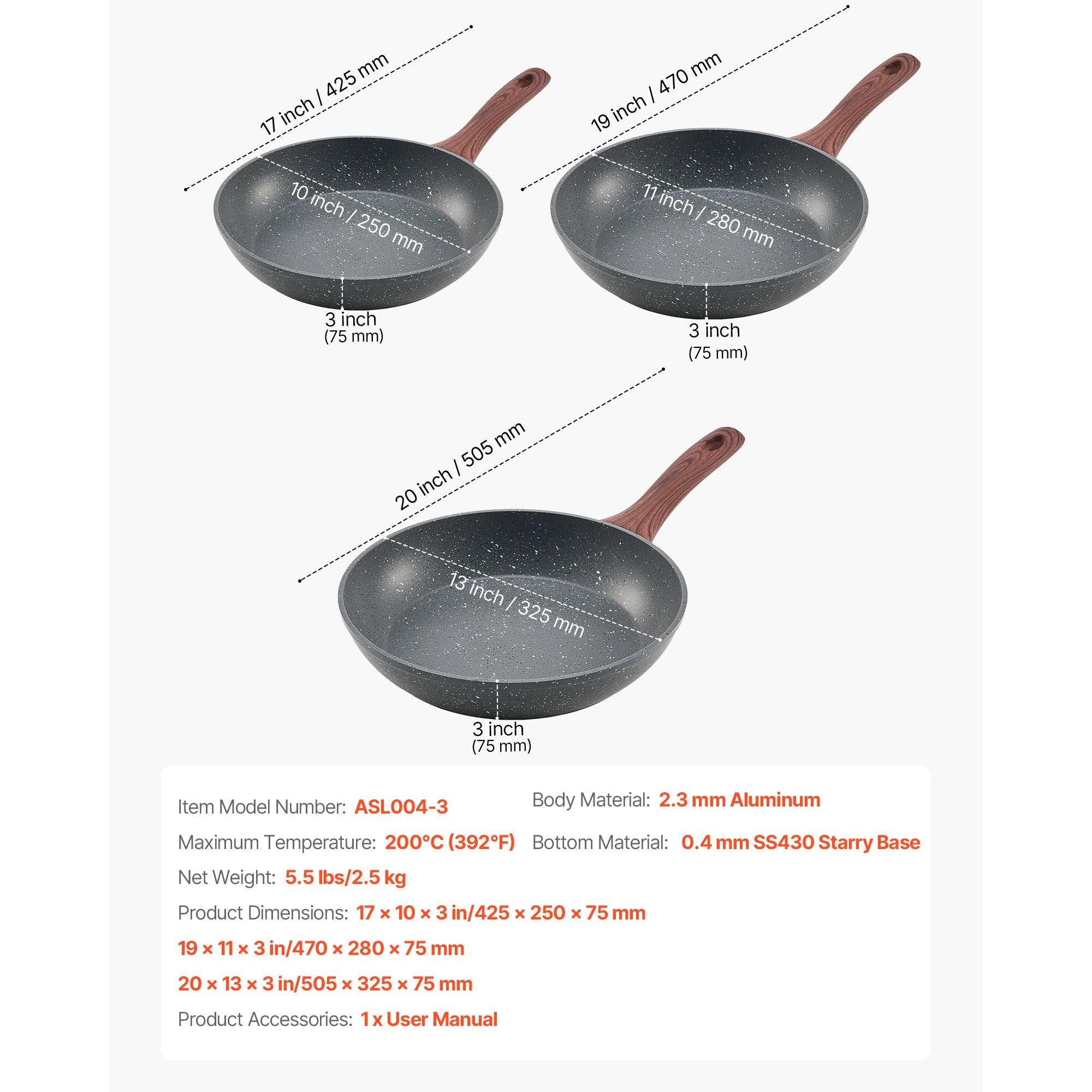 Professional Aluminum Frying Pan Set, 3-Piece (9.5, 11, 12 ) with Nonstick Coating