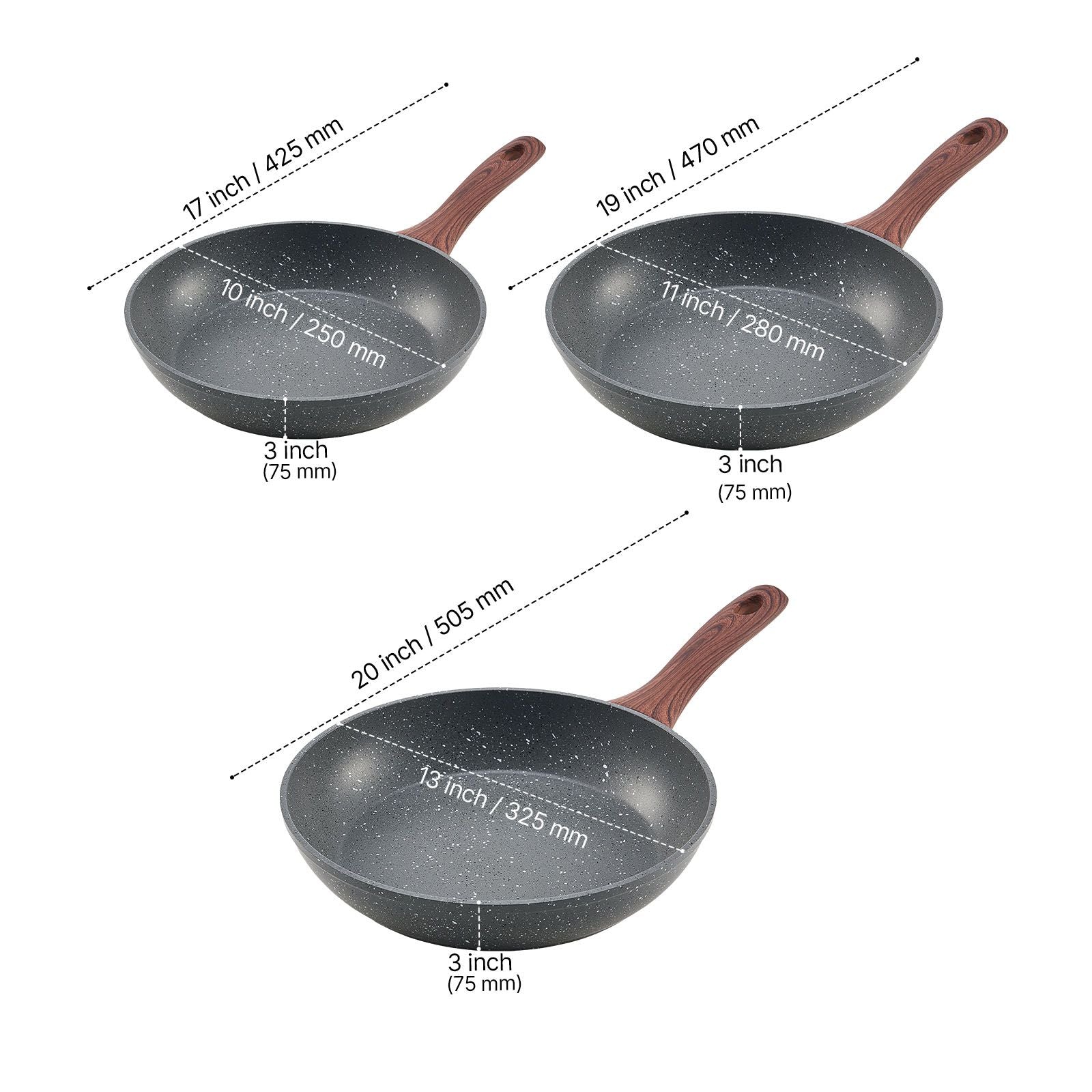Professional Aluminum Frying Pan Set, 3-Piece (9.5, 11, 12 ) with Nonstick Coating