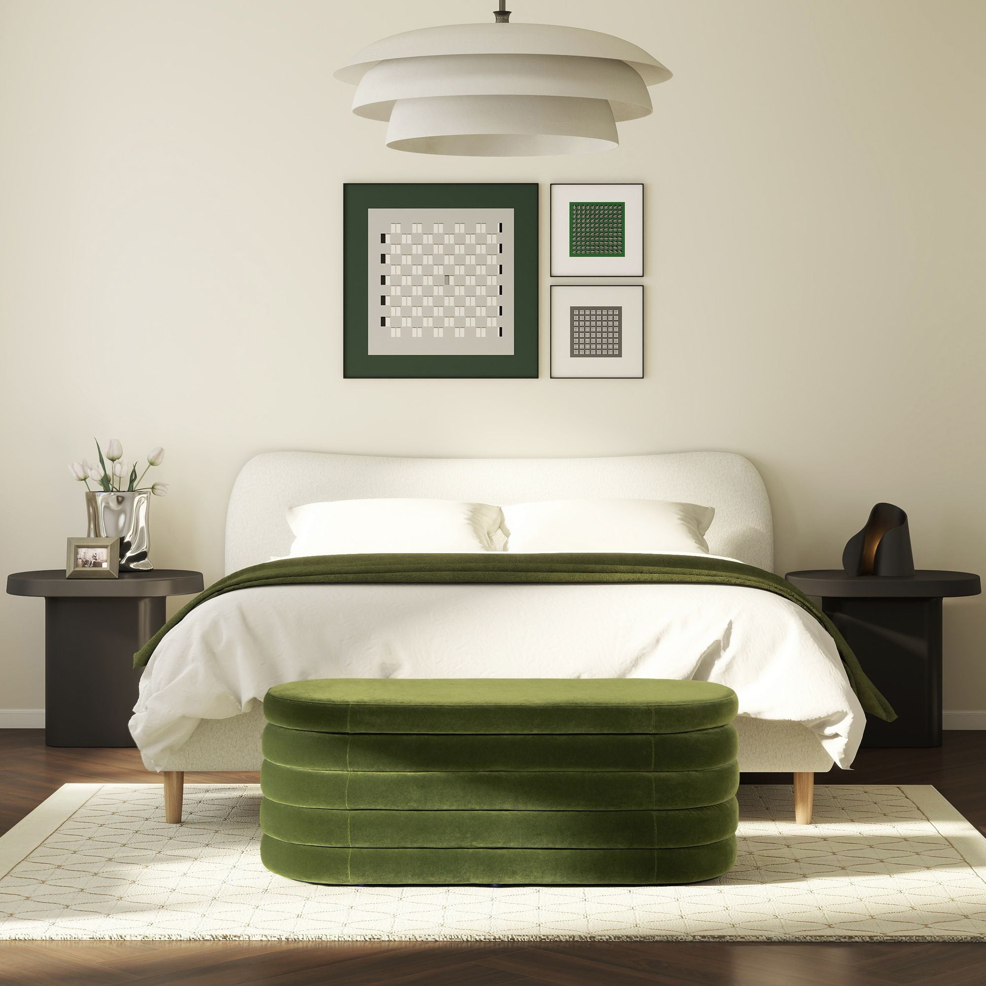 Fuji Oval Storage Bench with Boucle Upholstery and Hidden Storage