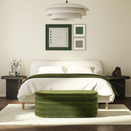 Fuji Oval Storage Bench with Boucle Upholstery and Hidden Storage