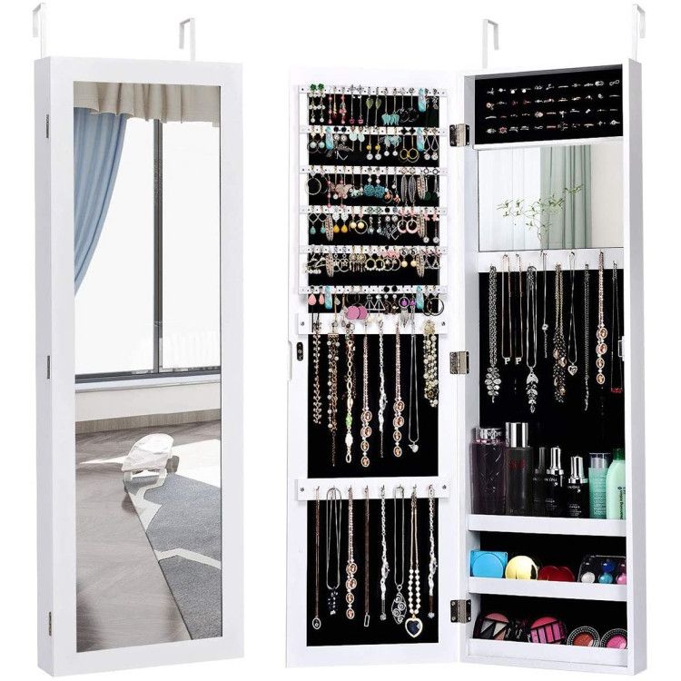 Full Length Mirror Jewelry Cabinet with Ring Slots and Necklace Hooks - White