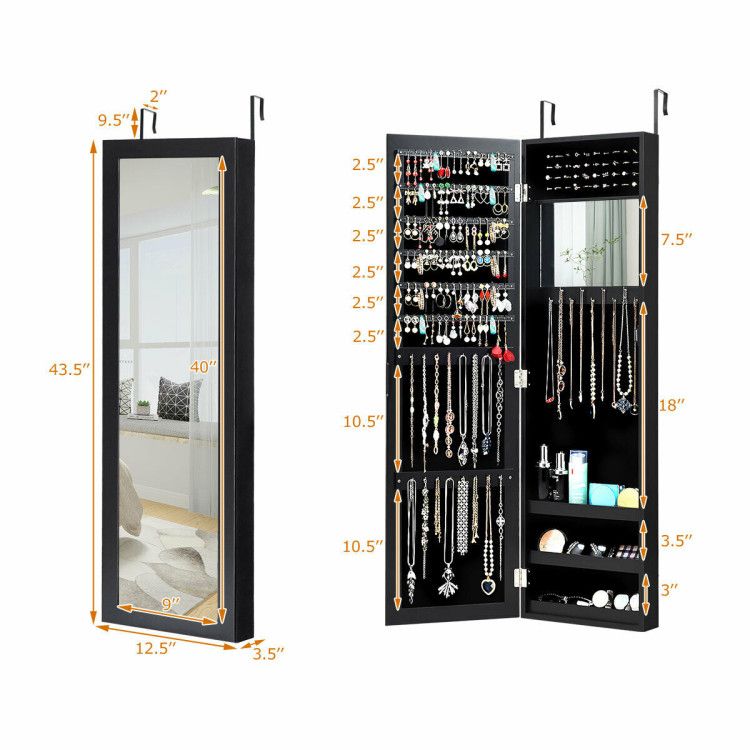 Full Length Mirror Jewelry Cabinet with Ring Slots and Necklace Hooks - Black
