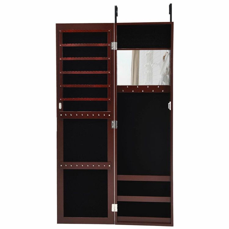 Full Length Mirror Jewelry Cabinet with Ring Slots and Necklace Hooks - Dark Brown