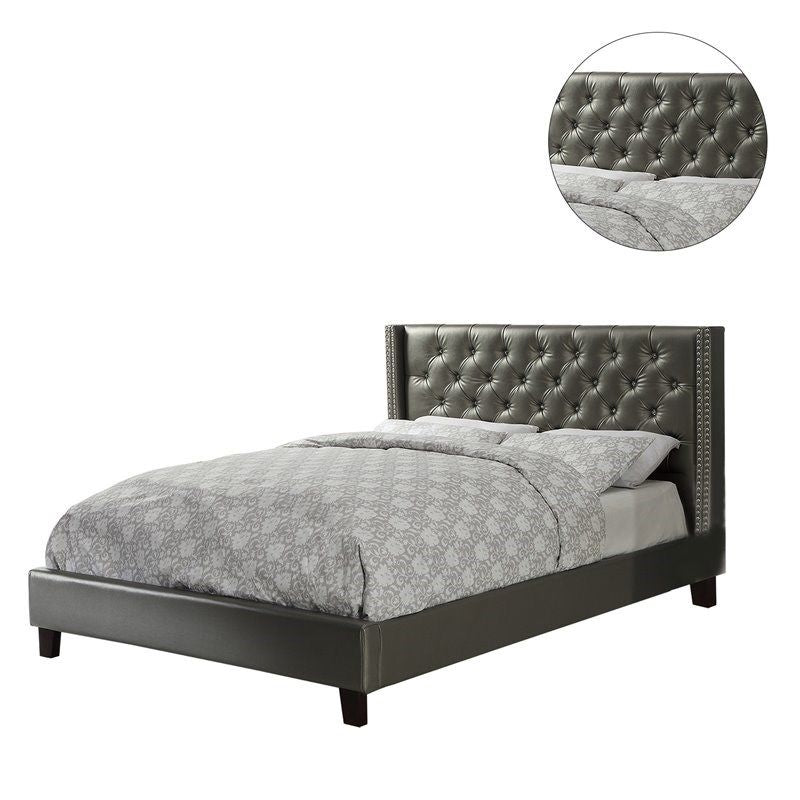Silver Faux Leather Upholstered Tufted Wingback Full Bed Frame with Headboard