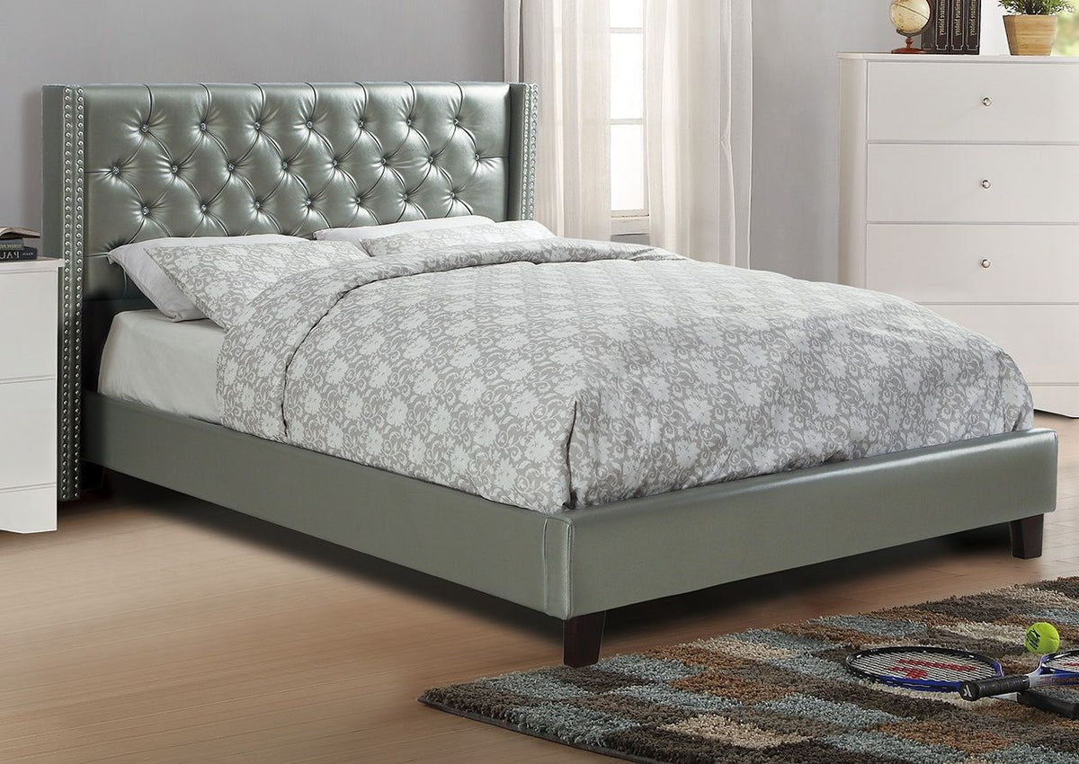 Silver Faux Leather Upholstered Tufted Wingback Full Bed Frame with Headboard