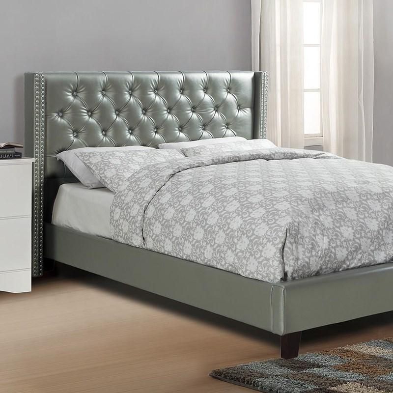 Silver Faux Leather Upholstered Tufted Wingback Full Bed Frame with Headboard