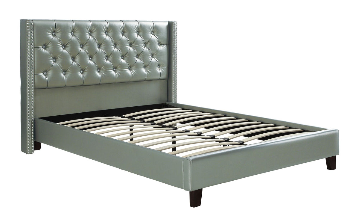 Silver Faux Leather Upholstered Tufted Wingback Full Bed Frame with Headboard