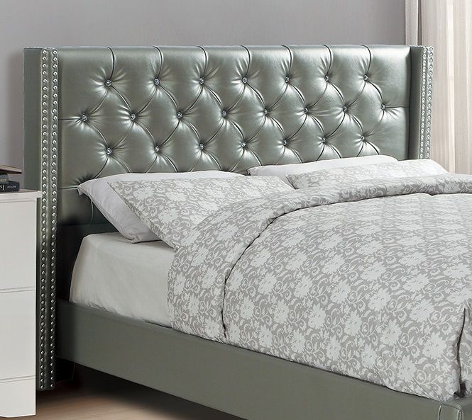 Silver Faux Leather Upholstered Tufted Wingback Full Bed Frame with Headboard