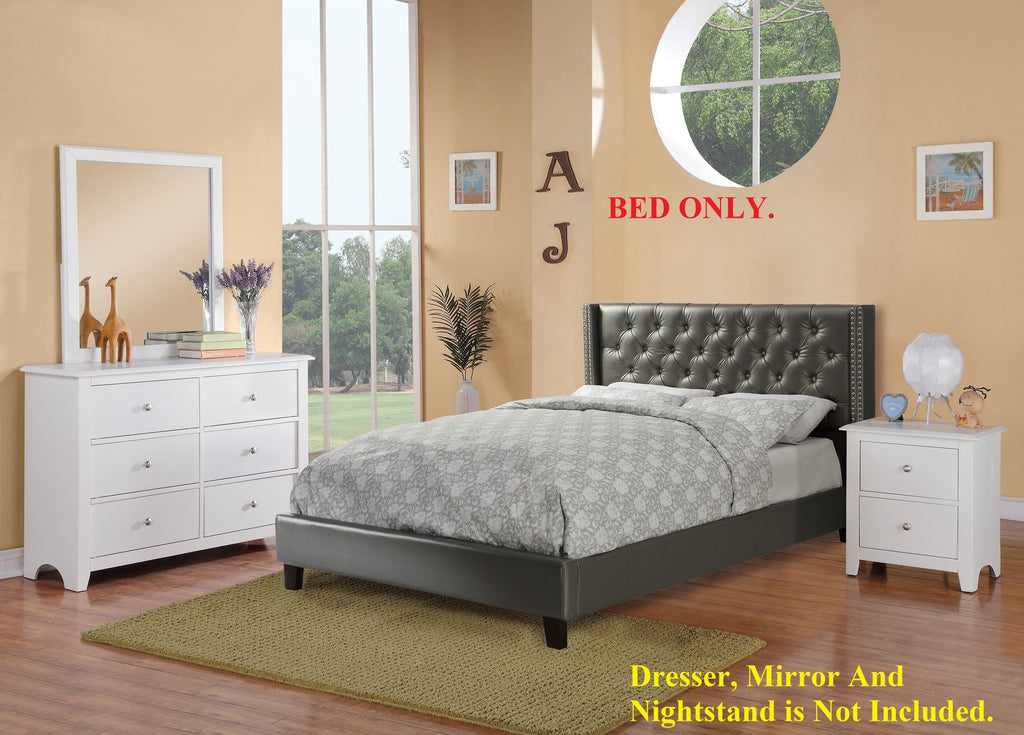 Silver Faux Leather Upholstered Tufted Wingback Full Bed Frame with Headboard