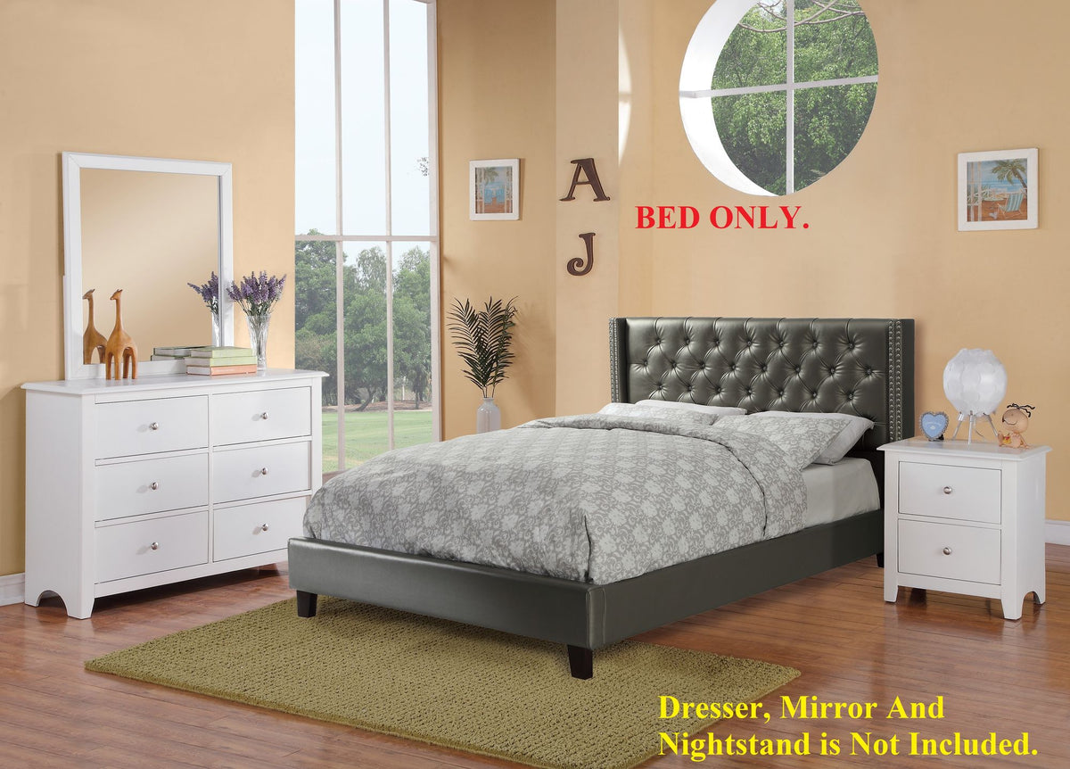 Silver Faux Leather Upholstered Tufted Wingback Full Bed Frame with Headboard