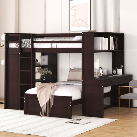 Espresso Full Loft Bed with Twin Bed, Desk and Wardrobe