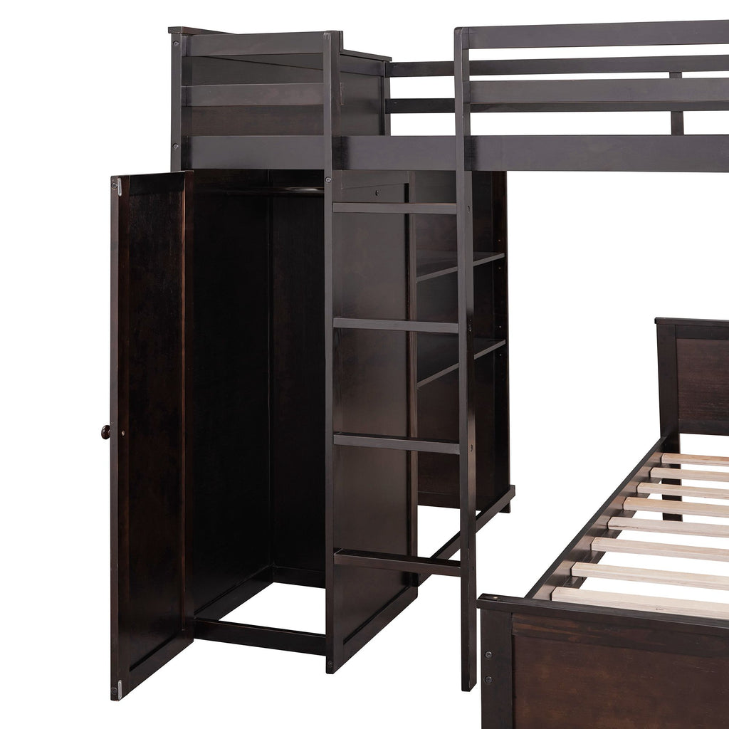 Espresso Full Loft Bed with Twin Bed, Desk and Wardrobe