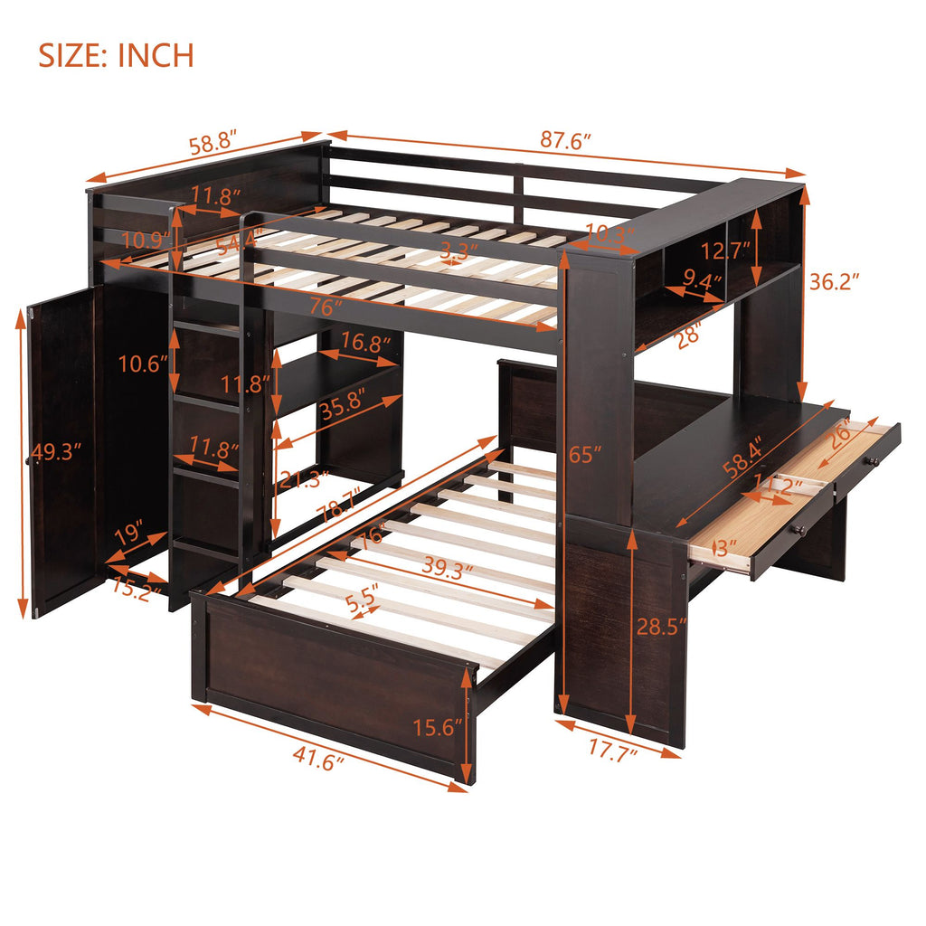 Espresso Full Loft Bed with Twin Bed, Desk and Wardrobe